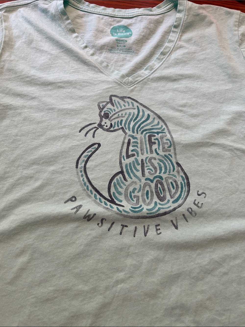 Life Is Good Light Mint Cat Graphic V‑Neck Tee